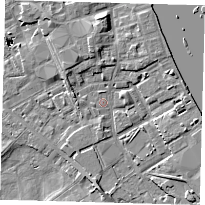 Shaded relief map of the ground around SE83PG, computed from Environment Agency LiDAR. The ground here sits at about 3 m above sea level and falls 47 m across the surrounding 800 m. Surface water reaching this point runs off ground lying to the south, 1.9 m higher.