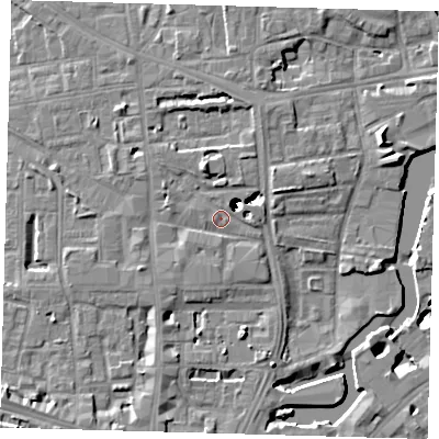Shaded relief map of the ground around SE83PH, computed from Environment Agency LiDAR. The ground here sits at about 6 m above sea level and falls 47 m across the surrounding 800 m. Surface water reaching this point runs off ground lying to the west-south-west, 2.1 m higher.