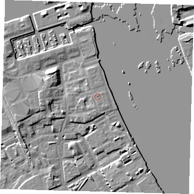 Shaded relief map of the ground around SE83PJ, computed from Environment Agency LiDAR. The ground here sits at about 5 m above sea level and falls 8 m across the surrounding 800 m. The ground contributing surface water to this point lies to the south-south-east.