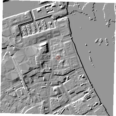Shaded relief map of the ground around SE83PP, computed from Environment Agency LiDAR. The ground here sits at about 5 m above sea level and falls 8 m across the surrounding 800 m. Surface water reaching this point runs off ground lying to the north-east, 1.5 m higher.