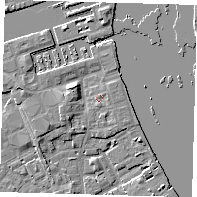 Shaded relief map of the ground around SE83PU, computed from Environment Agency LiDAR. The ground here sits at about 4 m above sea level and falls 8 m across the surrounding 800 m. Surface water reaching this point runs off ground lying to the west-north-west, 4.7 m higher.