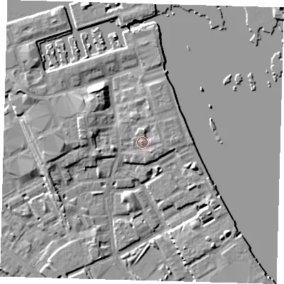 Shaded relief map of the ground around SE83PW, computed from Environment Agency LiDAR. The ground here sits at about 5 m above sea level and falls 8 m across the surrounding 800 m. Surface water reaching this point runs off ground lying to the south-east, 1.1 m higher.