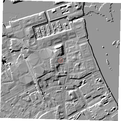 Shaded relief map of the ground around SE83PX, computed from Environment Agency LiDAR. The ground here sits at about 5 m above sea level and falls 47 m across the surrounding 800 m. Surface water reaching this point runs off ground lying to the west, 3.4 m higher.