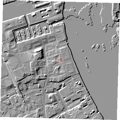 Shaded relief map of the ground around SE83PY, computed from Environment Agency LiDAR. The ground here sits at about 5 m above sea level and falls 8 m across the surrounding 800 m. Surface water reaching this point runs off ground lying to the north, 1.6 m higher.