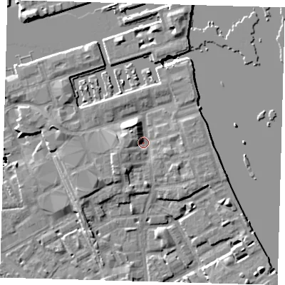Shaded relief map of the ground around SE83PZ, computed from Environment Agency LiDAR. The ground here sits at about 4 m above sea level and falls 47 m across the surrounding 800 m. Surface water reaching this point runs off ground lying to the north-west, 4.4 m higher.