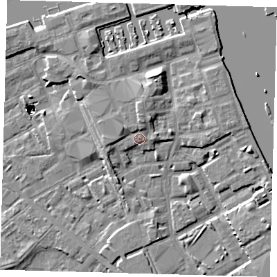 Shaded relief map of the ground around SE83QA, computed from Environment Agency LiDAR. The ground here sits at about 5 m above sea level and falls 47 m across the surrounding 800 m. Surface water reaching this point runs off ground lying to the north-north-east, 2.7 m higher.