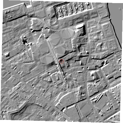 Shaded relief map of the ground around SE83QB, computed from Environment Agency LiDAR. The ground here sits at about 4 m above sea level and falls 47 m across the surrounding 800 m. Surface water reaching this point runs off ground lying to the north-north-east, 3.5 m higher.