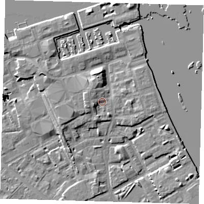Shaded relief map of the ground around SE83QD, computed from Environment Agency LiDAR. The ground here sits at about 5 m above sea level and falls 47 m across the surrounding 800 m. Surface water reaching this point runs off ground lying to the west-south-west, 3.1 m higher.