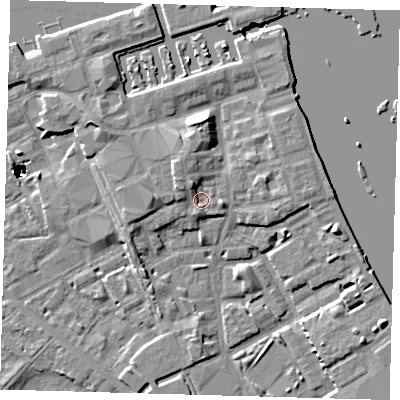 Shaded relief map of the ground around SE83QE, computed from Environment Agency LiDAR. The ground here sits at about 4 m above sea level and falls 47 m across the surrounding 800 m. Surface water reaching this point runs off ground lying to the north-north-west, 2.7 m higher.