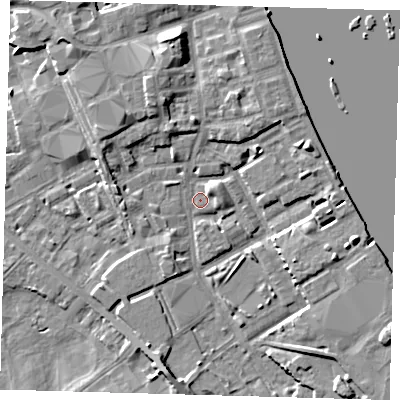 Shaded relief map of the ground around SE83QF, computed from Environment Agency LiDAR. The ground here sits at about 2 m above sea level and falls 8 m across the surrounding 800 m. Surface water reaching this point runs off ground lying to the east-north-east, 2.5 m higher.