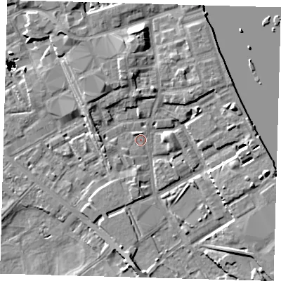 Shaded relief map of the ground around SE83QG, computed from Environment Agency LiDAR. The ground here sits at about 2 m above sea level and falls 47 m across the surrounding 800 m. Surface water reaching this point runs off ground lying to the south-west, 1.0 m higher.