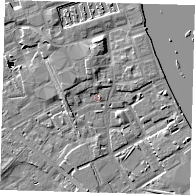 Shaded relief map of the ground around SE83QH, computed from Environment Agency LiDAR. The ground here sits at about 3 m above sea level and falls 47 m across the surrounding 800 m. Surface water reaching this point runs off ground lying to the north, 4.7 m higher.