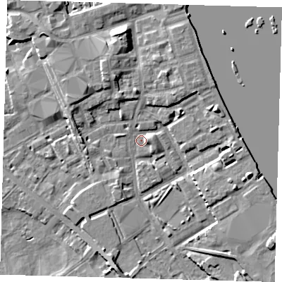 Shaded relief map of the ground around SE83QJ, computed from Environment Agency LiDAR. The ground here sits at about 2 m above sea level and falls 8 m across the surrounding 800 m. Surface water reaching this point runs off ground lying to the north-north-west, 5.5 m higher.