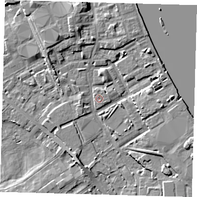 Shaded relief map of the ground around SE83QL, computed from Environment Agency LiDAR. The ground here sits at about 3 m above sea level and falls 7 m across the surrounding 800 m. Surface water reaching this point runs off ground lying to the south-south-west, 4.9 m higher.