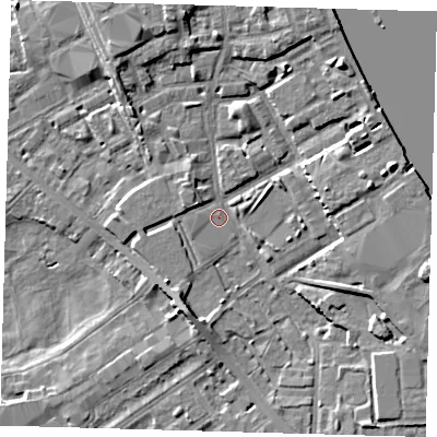 Shaded relief map of the ground around SE83QQ, computed from Environment Agency LiDAR. The ground here sits at about 2 m above sea level and falls 7 m across the surrounding 800 m. Surface water reaching this point runs off ground lying to the east-north-east, 6.0 m higher.