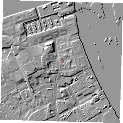 Shaded relief map of the ground around SE83QR, computed from Environment Agency LiDAR. The ground here sits at about 5 m above sea level and falls 8 m across the surrounding 800 m. Surface water reaching this point runs off ground lying to the north-north-west, 4.7 m higher.