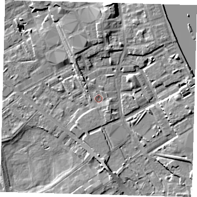 Shaded relief map of the ground around SE83QT, computed from Environment Agency LiDAR. The ground here sits at about 2 m above sea level and falls 47 m across the surrounding 800 m. Surface water reaching this point runs off ground lying to the east-north-east, 3.1 m higher.