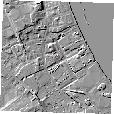 Shaded relief map of the ground around SE83QW, computed from Environment Agency LiDAR. The ground here sits at about 3 m above sea level and falls 8 m across the surrounding 800 m. Surface water reaching this point runs off ground lying to the south-west, 2.6 m higher.