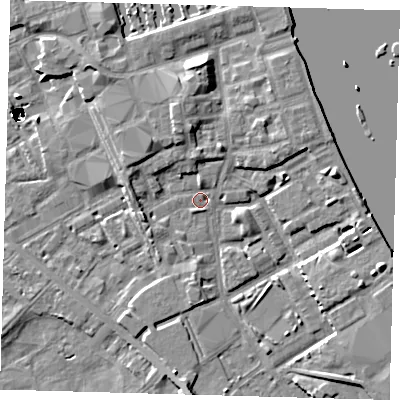 Shaded relief map of the ground around SE83QY, computed from Environment Agency LiDAR. The ground here sits at about 3 m above sea level and falls 47 m across the surrounding 800 m. Surface water reaching this point runs off ground lying to the north, 4.7 m higher.