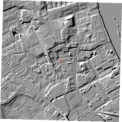 Shaded relief map of the ground around SE83QZ, computed from Environment Agency LiDAR. The ground here sits at about 3 m above sea level and falls 47 m across the surrounding 800 m. Surface water reaching this point runs off ground lying to the north, 4.6 m higher.