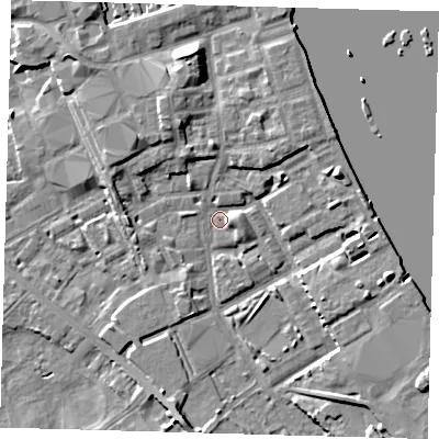 Shaded relief map of the ground around SE83RA, computed from Environment Agency LiDAR. The ground here sits at about 2 m above sea level and falls 8 m across the surrounding 800 m. Surface water reaching this point runs off ground lying to the north-north-west, 5.5 m higher.