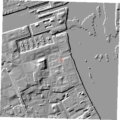 Shaded relief map of the ground around SE83RD, computed from Environment Agency LiDAR. The ground here sits at about 5 m above sea level and falls 8 m across the surrounding 800 m. Surface water reaching this point runs off ground lying to the west, 4.7 m higher.