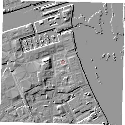 Shaded relief map of the ground around SE83RE, computed from Environment Agency LiDAR. The ground here sits at about 4 m above sea level and falls 8 m across the surrounding 800 m. Surface water reaching this point runs off ground lying to the west, 4.7 m higher.