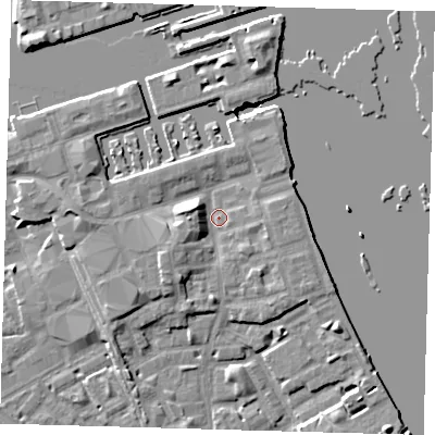 Shaded relief map of the ground around SE83RF, computed from Environment Agency LiDAR. The ground here sits at about 3 m above sea level and falls 8 m across the surrounding 800 m. Surface water reaching this point runs off ground lying to the west, 4.5 m higher.