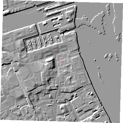 Shaded relief map of the ground around SE83RG, computed from Environment Agency LiDAR. The ground here sits at about 4 m above sea level and falls 8 m across the surrounding 800 m. Surface water reaching this point runs off ground lying to the west, 4.5 m higher.