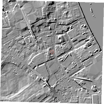 Shaded relief map of the ground around SE83SH, computed from Environment Agency LiDAR. The ground here sits at about 2 m above sea level and falls 46 m across the surrounding 800 m. Surface water reaching this point runs off ground lying to the south-west, 2.4 m higher.