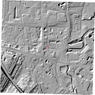 Shaded relief map of the ground around SE84AB, computed from Environment Agency LiDAR. The ground here sits at about 5 m above sea level and falls 55 m across the surrounding 800 m. Surface water reaching this point runs off ground lying to the south-south-west, 14.7 m higher.