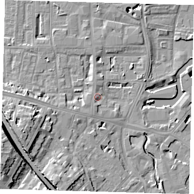 Shaded relief map of the ground around SE84AF, computed from Environment Agency LiDAR. The ground here sits at about 7 m above sea level and falls 56 m across the surrounding 800 m. Surface water reaching this point runs off ground lying to the south-south-west, 14.7 m higher.