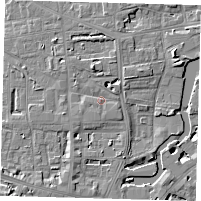 Shaded relief map of the ground around SE84BF, computed from Environment Agency LiDAR. The ground here sits at about 6 m above sea level and falls 49 m across the surrounding 800 m. Surface water reaching this point runs off ground lying to the west-south-west, 2.1 m higher.