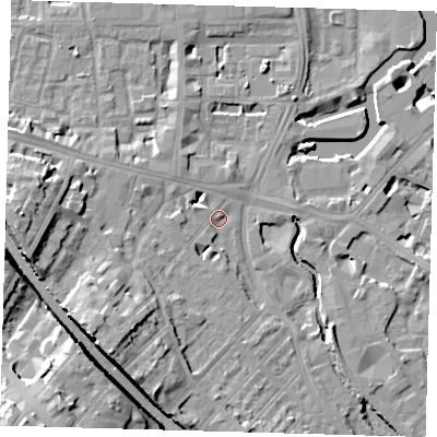 Shaded relief map of the ground around SE84BH, computed from Environment Agency LiDAR. The ground here sits at about 6 m above sea level and falls 22 m across the surrounding 800 m. Surface water reaching this point runs off ground lying to the south-west, 14.7 m higher.