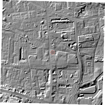 Shaded relief map of the ground around SE84BW, computed from Environment Agency LiDAR. The ground here sits at about 6 m above sea level and falls 49 m across the surrounding 800 m. Surface water reaching this point runs off ground lying to the south-west, 2.1 m higher.