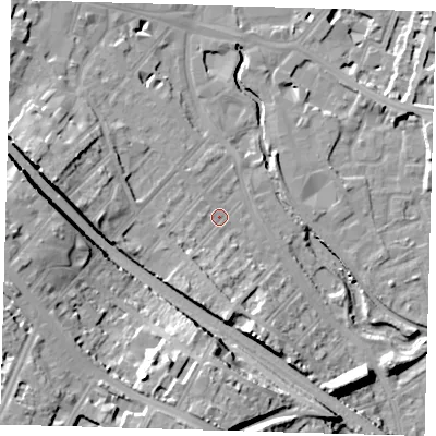 Shaded relief map of the ground around SE84EJ, computed from Environment Agency LiDAR. The ground here sits at about 7 m above sea level and falls 24 m across the surrounding 800 m. Surface water reaching this point runs off ground lying to the south, 7.6 m higher.