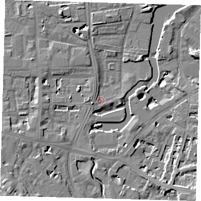 Shaded relief map of the ground around SE84EY, computed from Environment Agency LiDAR. The ground here sits at about 4 m above sea level and falls 48 m across the surrounding 800 m. Surface water reaching this point runs off ground lying to the west, 1.3 m higher.