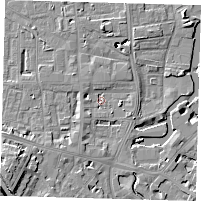 Shaded relief map of the ground around SE84EZ, computed from Environment Agency LiDAR. The ground here sits at about 4 m above sea level and falls 53 m across the surrounding 800 m. Surface water reaching this point runs off ground lying to the east, 4.3 m higher.