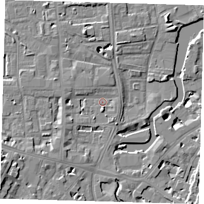 Shaded relief map of the ground around SE84FA, computed from Environment Agency LiDAR. The ground here sits at about 5 m above sea level and falls 49 m across the surrounding 800 m. Surface water reaching this point runs off ground lying to the south, 4.3 m higher.