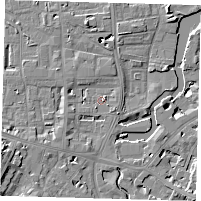 Shaded relief map of the ground around SE84FD, computed from Environment Agency LiDAR. The ground here sits at about 5 m above sea level and falls 49 m across the surrounding 800 m. Surface water reaching this point runs off ground lying to the east-north-east, 4.3 m higher.