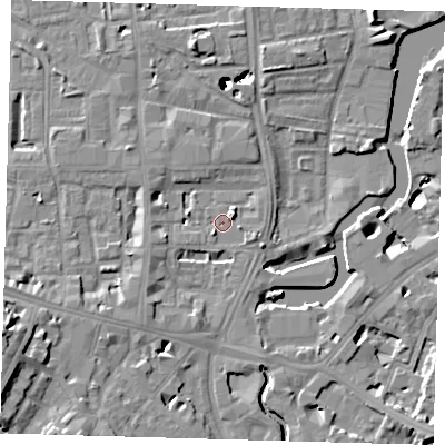 Shaded relief map of the ground around SE84FE, computed from Environment Agency LiDAR. The ground here sits at about 5 m above sea level and falls 49 m across the surrounding 800 m. Surface water reaching this point runs off ground lying to the north-east, 3.6 m higher.