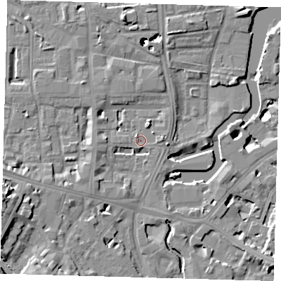 Shaded relief map of the ground around SE84FF, computed from Environment Agency LiDAR. The ground here sits at about 5 m above sea level and falls 50 m across the surrounding 800 m. Surface water reaching this point runs off ground lying to the south-west, 3.4 m higher.