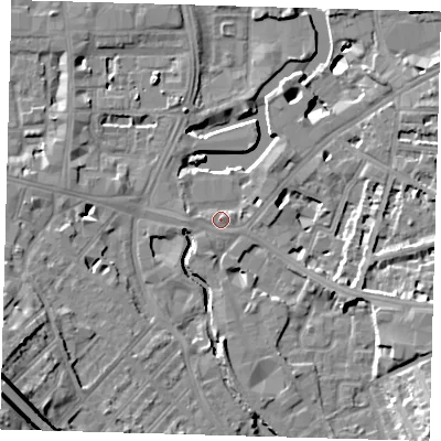 Shaded relief map of the ground around SE84HH, computed from Environment Agency LiDAR. The ground here sits at about 6 m above sea level and falls 23 m across the surrounding 800 m. Surface water reaching this point runs off ground lying to the east, 1.5 m higher.