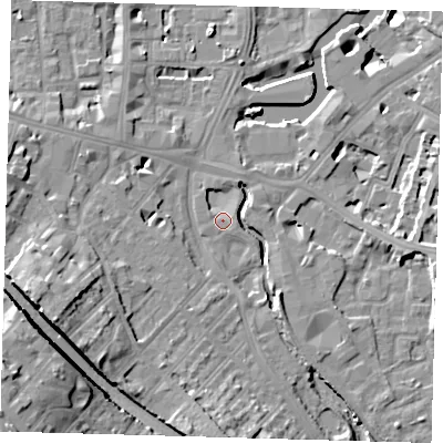 Shaded relief map of the ground around SE84HJ, computed from Environment Agency LiDAR. The ground here sits at about 5 m above sea level and falls 26 m across the surrounding 800 m. Surface water reaching this point runs off ground lying to the south-west, 13.5 m higher.
