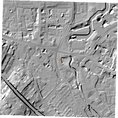 Shaded relief map of the ground around SE84HL, computed from Environment Agency LiDAR. The ground here sits at about 5 m above sea level and falls 26 m across the surrounding 800 m. Surface water reaching this point runs off ground lying to the south-west, 13.5 m higher.