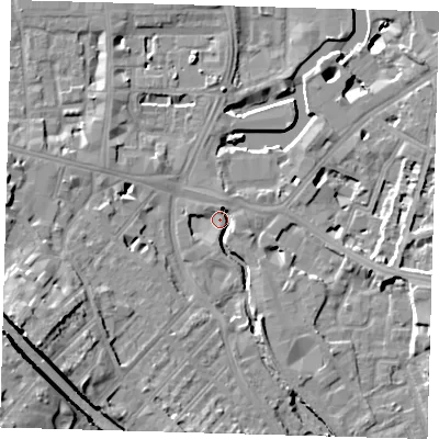 Shaded relief map of the ground around SE84HP, computed from Environment Agency LiDAR. The ground here sits at about 5 m above sea level and falls 25 m across the surrounding 800 m. Surface water reaching this point runs off ground lying to the south-west, 13.5 m higher.