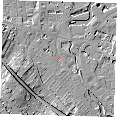 Shaded relief map of the ground around SE84HR, computed from Environment Agency LiDAR. The ground here sits at about 5 m above sea level and falls 23 m across the surrounding 800 m. Surface water reaching this point runs off ground lying to the west-south-west, 13.4 m higher.