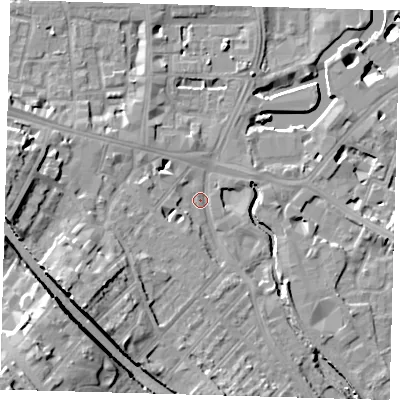 Shaded relief map of the ground around SE84HS, computed from Environment Agency LiDAR. The ground here sits at about 5 m above sea level and falls 27 m across the surrounding 800 m. Surface water reaching this point runs off ground lying to the south-west, 13.5 m higher.