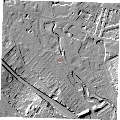 Shaded relief map of the ground around SE84HU, computed from Environment Agency LiDAR. The ground here sits at about 6 m above sea level and falls 22 m across the surrounding 800 m. Surface water reaching this point runs off ground lying to the north-east, 1.1 m higher.