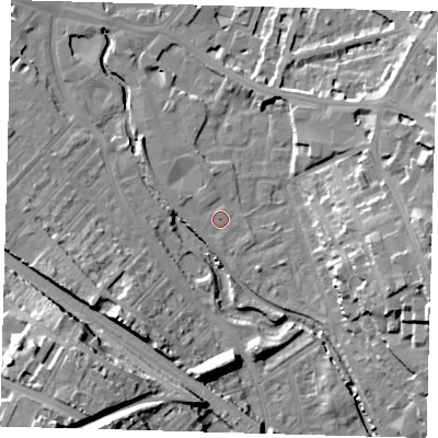 Shaded relief map of the ground around SE84HX, computed from Environment Agency LiDAR. The ground here sits at about 5 m above sea level and falls 21 m across the surrounding 800 m. Surface water reaching this point runs off ground lying to the north-west, 4.5 m higher.